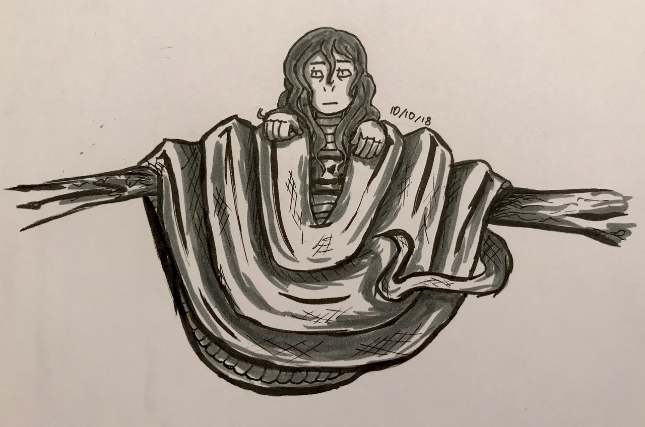 Black, grey, and white ink drawing of a female naga (creature with the body of a human attached to a snake). The naga is draped over a tree branch in the manner of a green tree python.